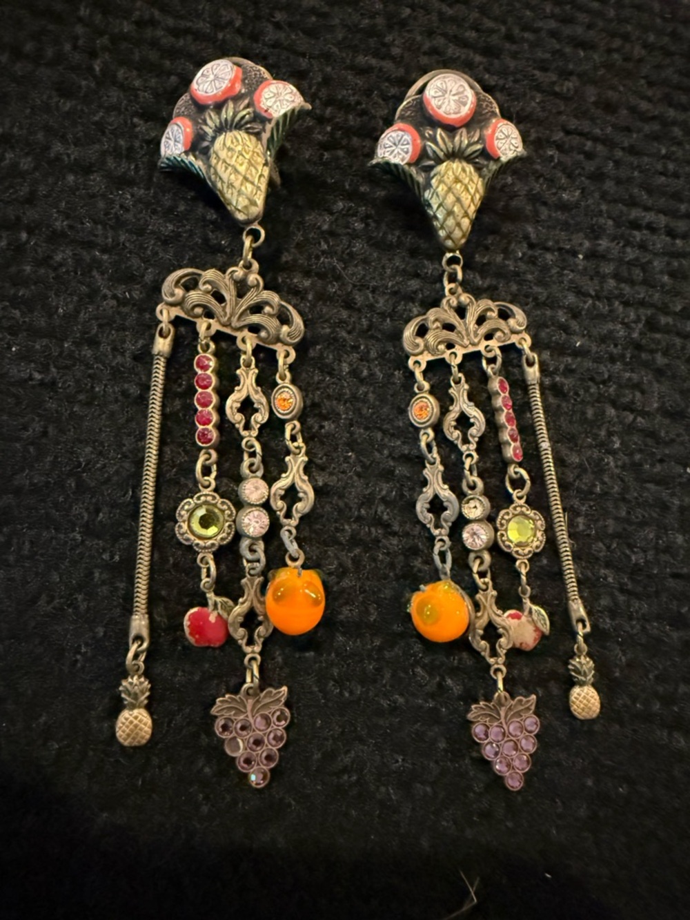 Vintage Banana Bob Clip On Earrings Tutti Fruity Elaborate Chandelier 1980's